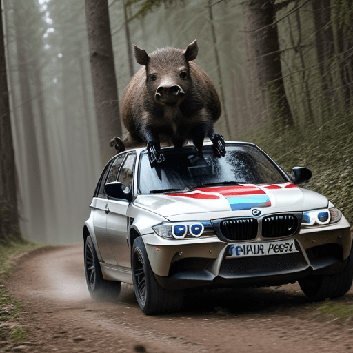 AI generated: big wild boar (animal) that runs though the forest, he should handle poland flag and BMW M badge