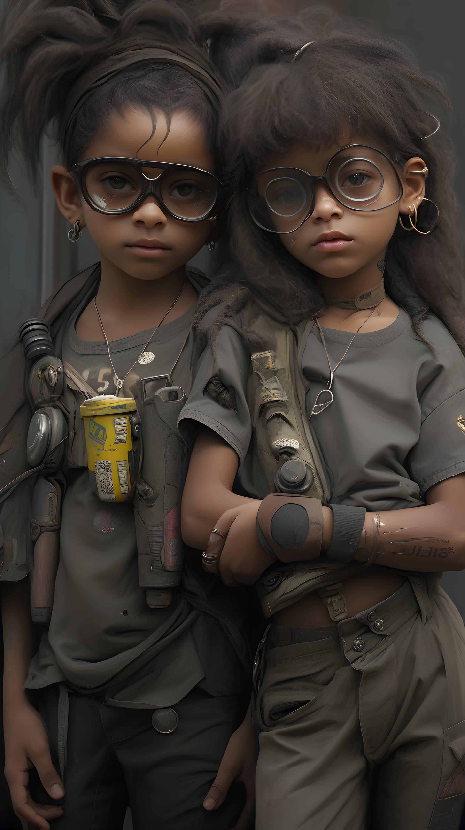 AI generated: a hyper realistic ultra detailed photograph of a futuristic beautiful children wearing sunglasses at...