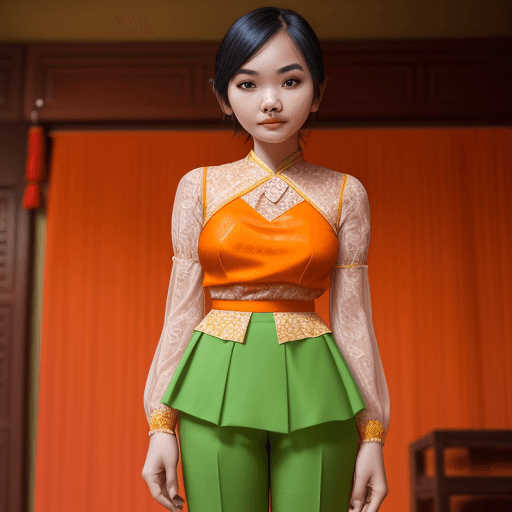 AI generated: A 20 year-old Thai girl dressed in intertwined lace motiff, delicate orange peplum blouse. The botto...