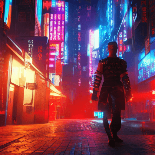 AI generated: Photo of a ultra realistic cyberpunk samurai boy with electric katanas, medium shot of side, on a cy...