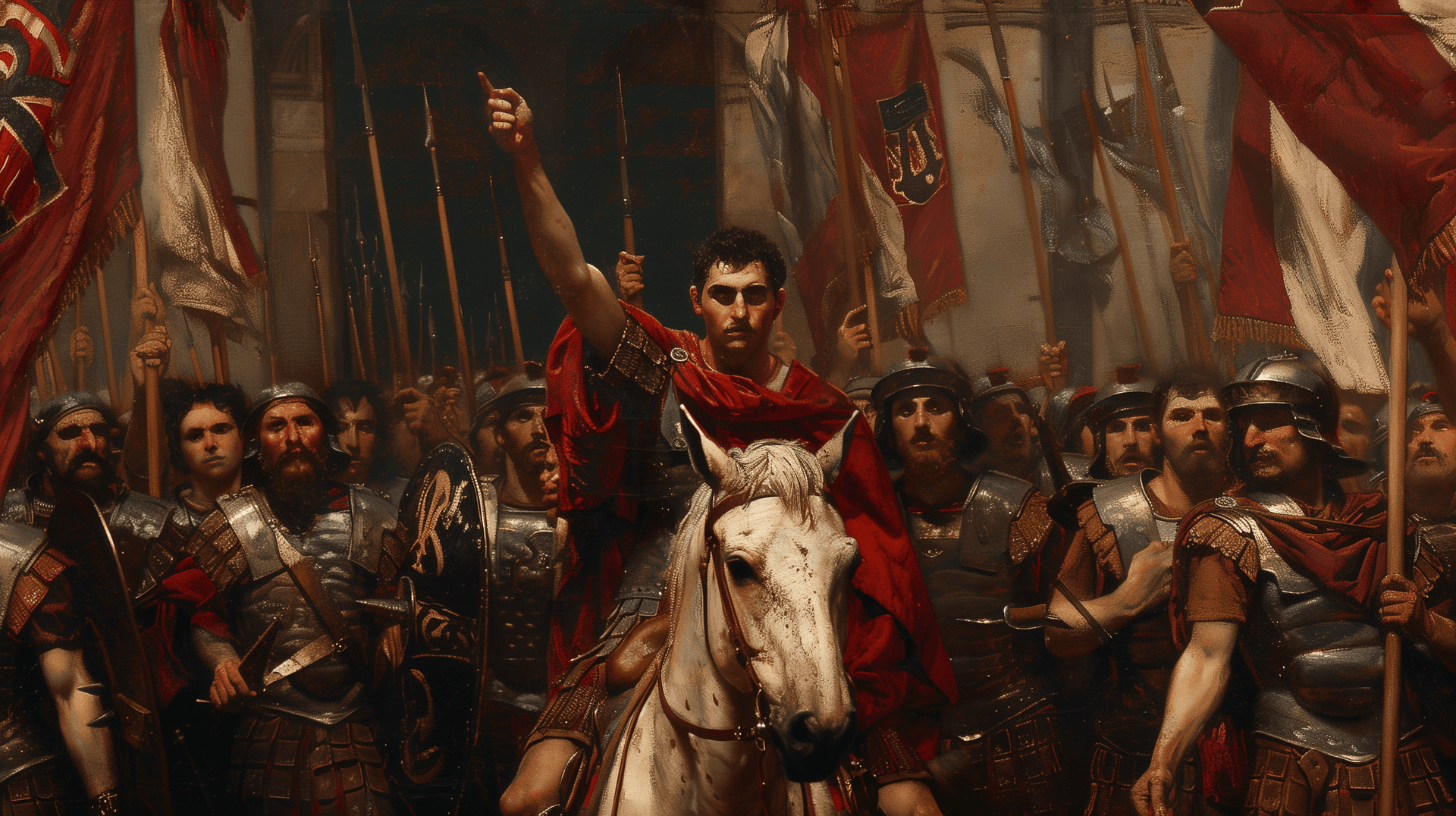 AI generated: caravaggio style painting of julius caesar on a horse, entering the city of rome with legions behind...