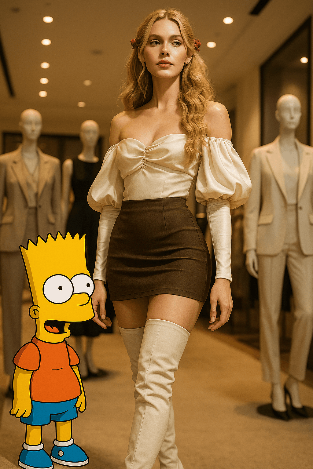 AI generated: A towering, statuesque blonde fashion model with long, wavy hair tied with vibrant red ribbons stand...