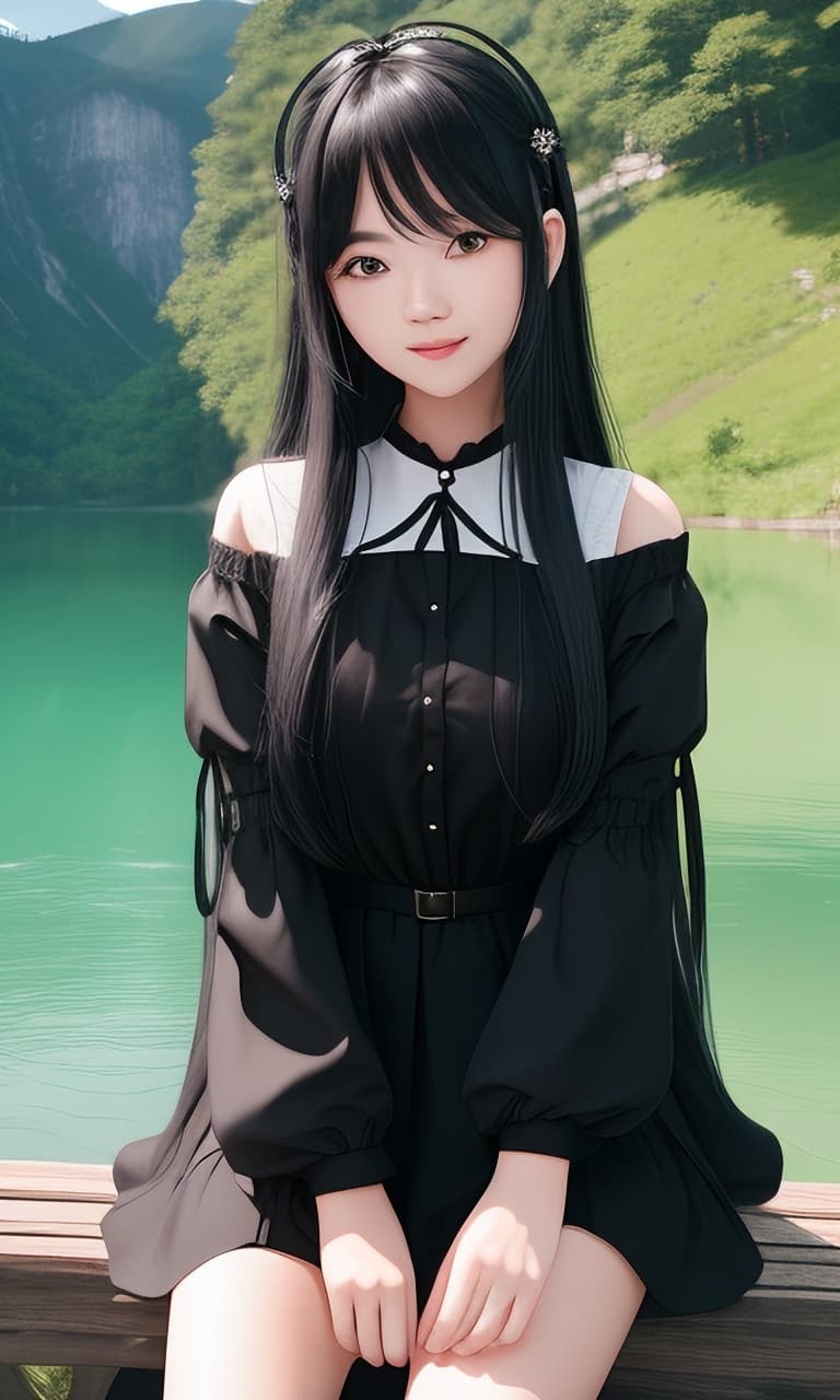 AI generated: A very lovely 18-year-old girl with long black hair sits near the lake. She wearing an elegant top o...