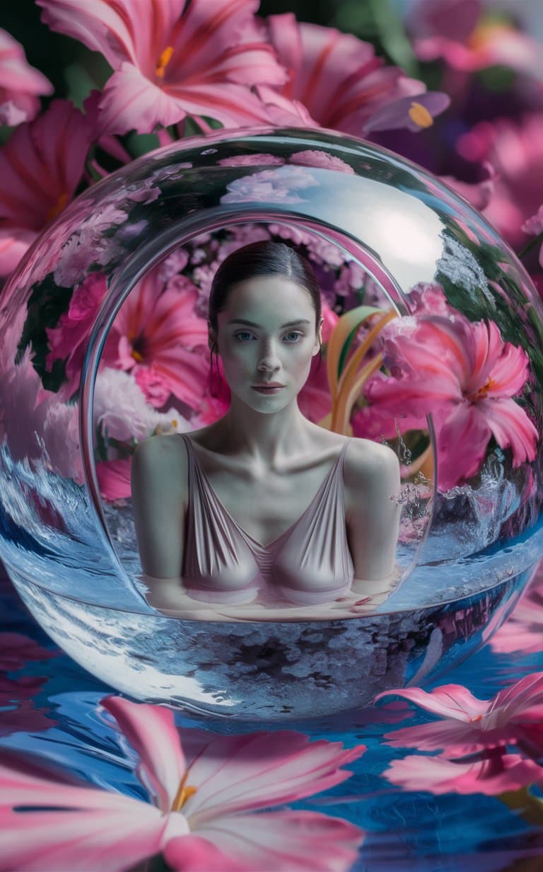 AI generated: woman in a glass ball with flowers in it| hyperrealistic| photorealistic| sharp focus| 4k