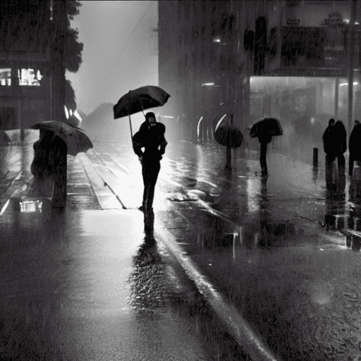 AI generated: Photography, Peter Lindbergh, 2023. It is raining in a heavy way. A group of cops close a street to ...
