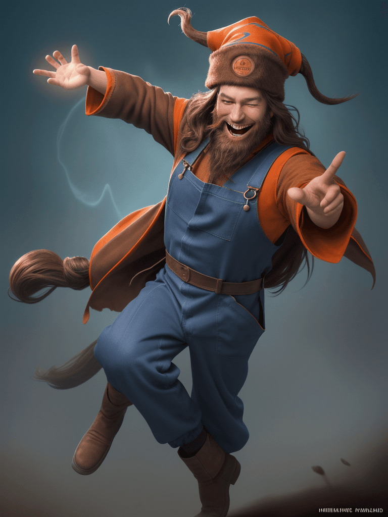 AI generated: charming character illustration, laughing wizard, high action scene, outstretched hand, long brown b...