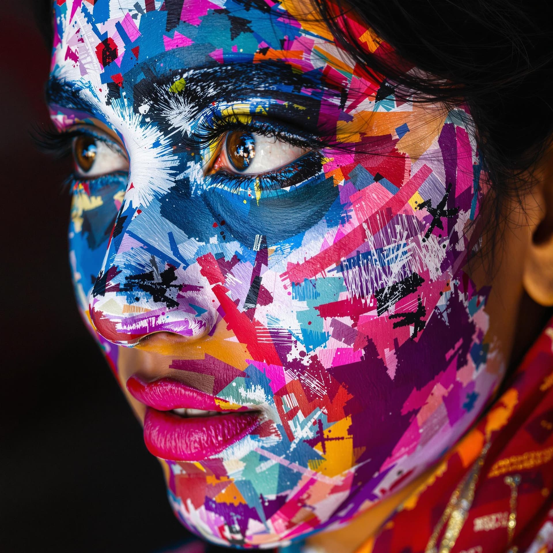 AI generated: Modern Indian Kerala girl with paint on her face, in the style of different colors, master of ink, a...