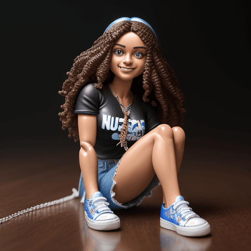 AI generated: Hyper rFunko figure of a female, smiling, called LA LUCIA, wearing a black short t-shirt, a blue-jea...