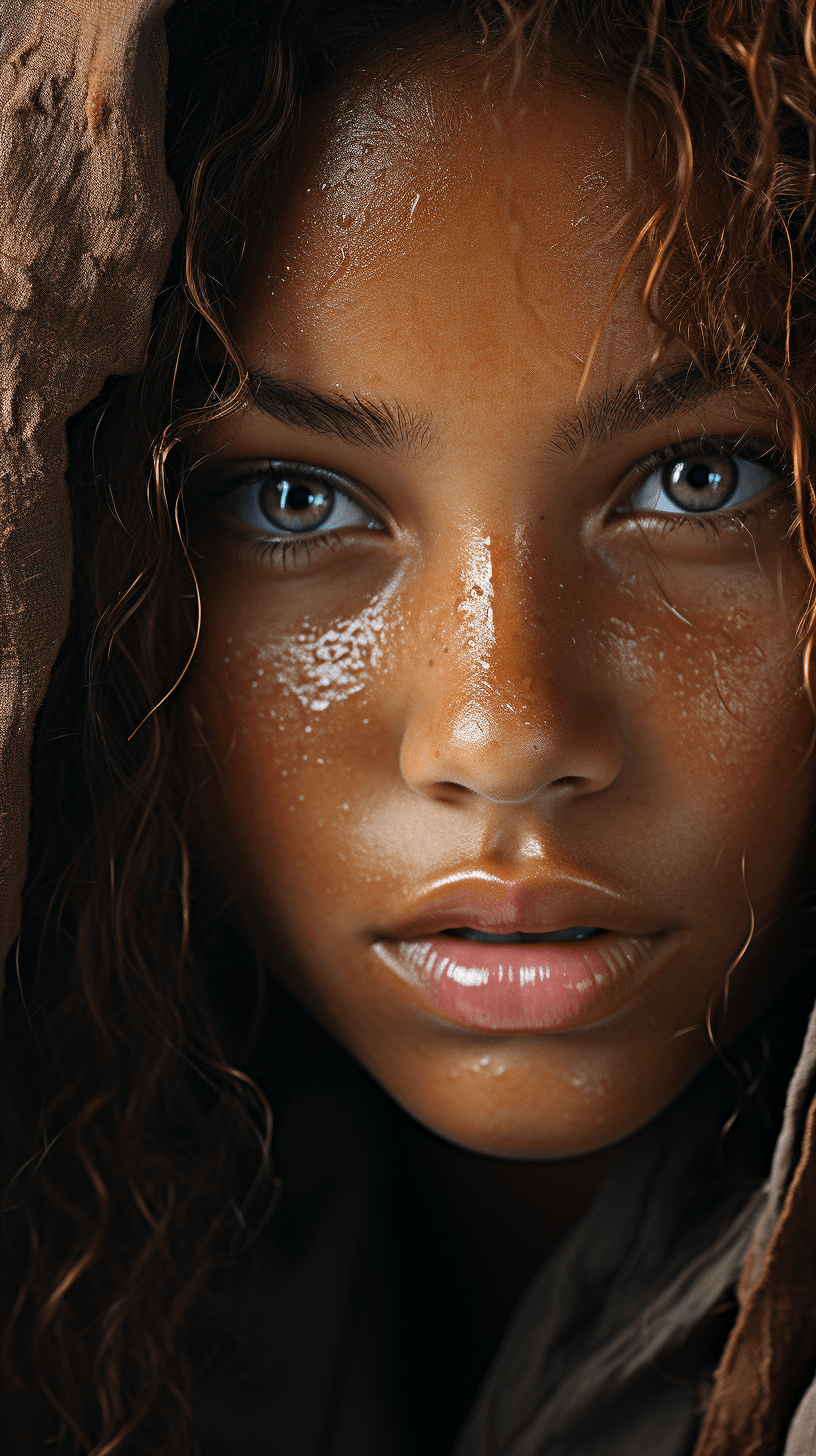 AI generated: a close up of a woman with freckles on her face, albert watson, brown skin like soil, hyperrealistic...