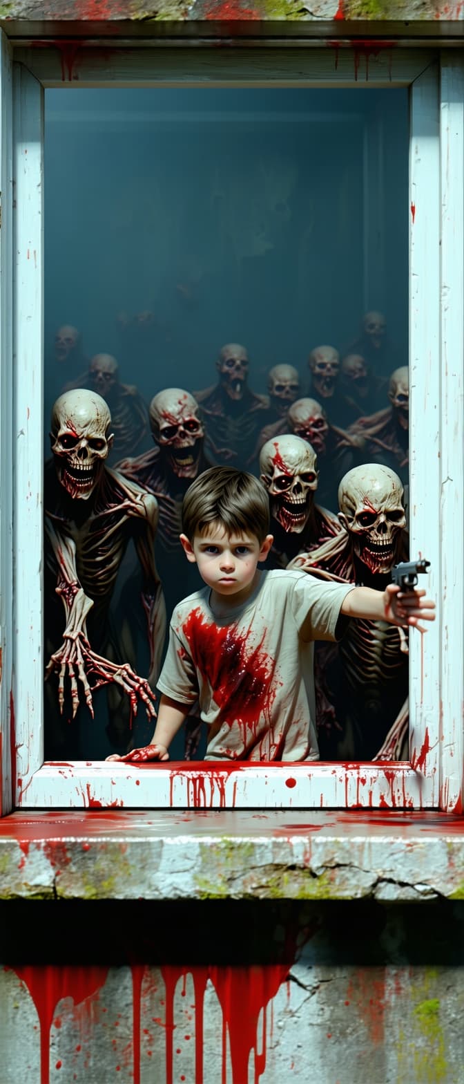 AI generated: A boy and his dad looking from a window at daylight and sees many walking womem zombies   . Their bo...
