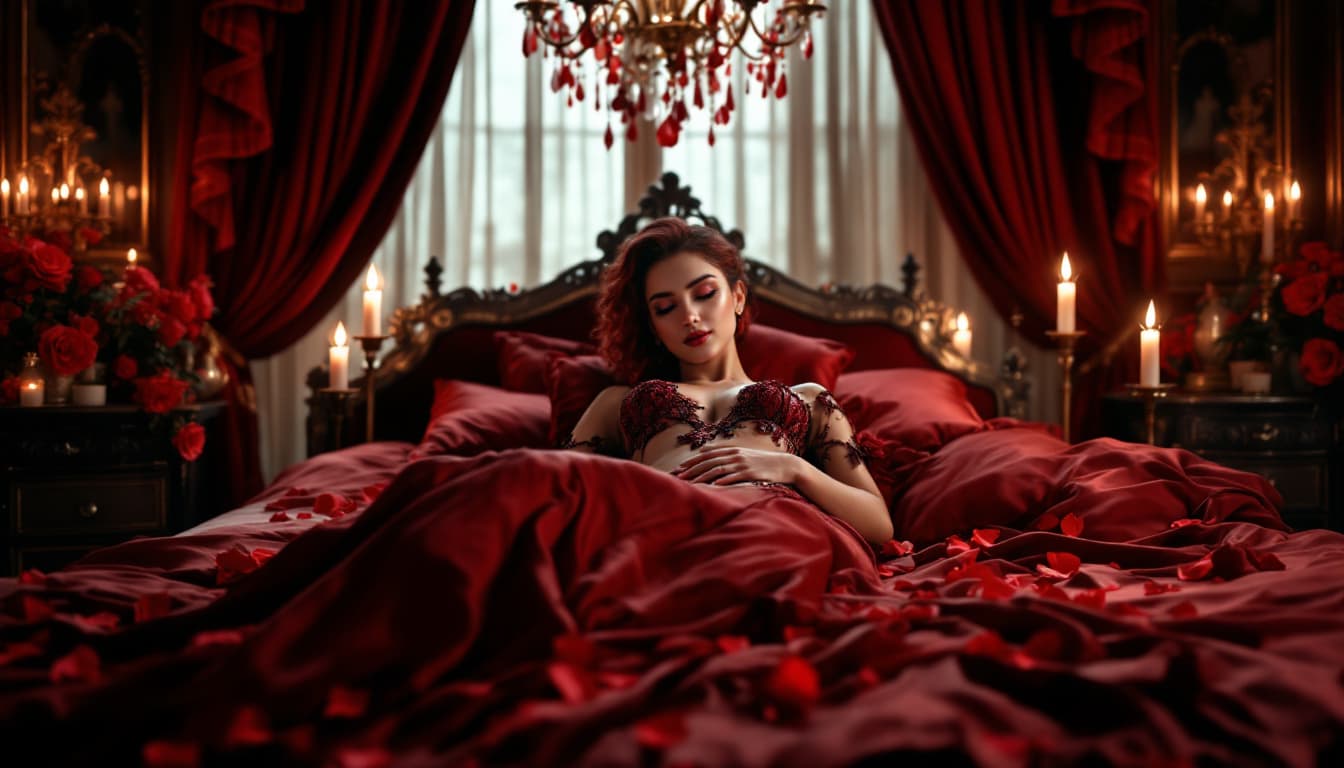 AI generated: "Create a photorealistic, hyper-realistic image of a royal bedroom, decorated for Valentine's Day. T...