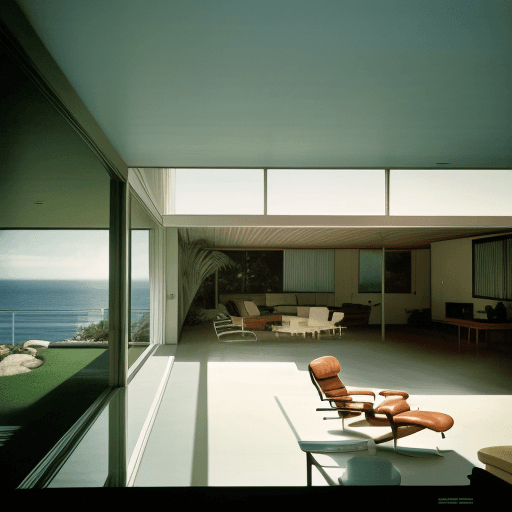 AI generated: Hyper realistic eye level exterior photo of a mid century modern style house overlooking the ocean, ...