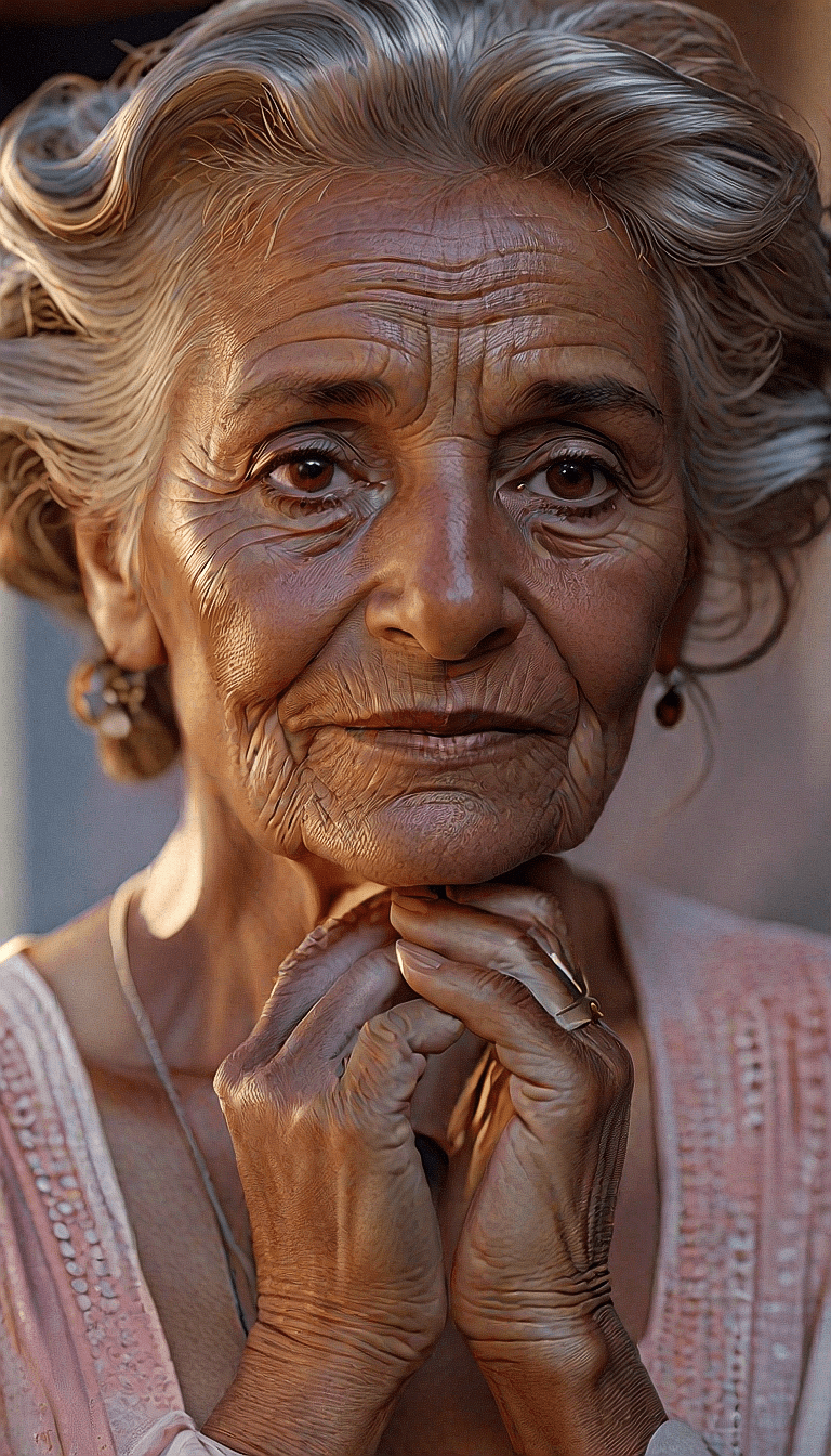 AI generated: A close up of a old latin woman with medium hairstyle, slightly tanned, natural lighting, highly det...