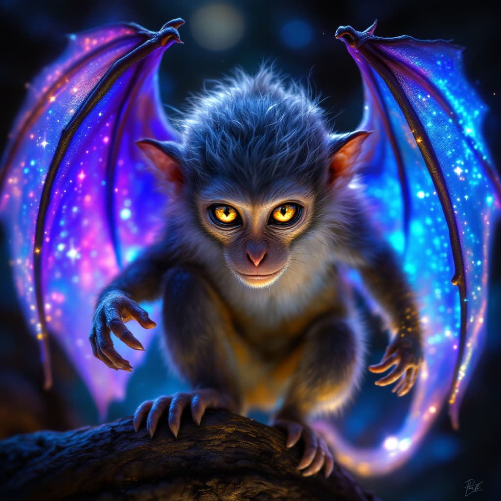 AI generated: Envision a mesmerizing, luminescent creature that embodies the symbiotic fusion of a monkey and a ba...