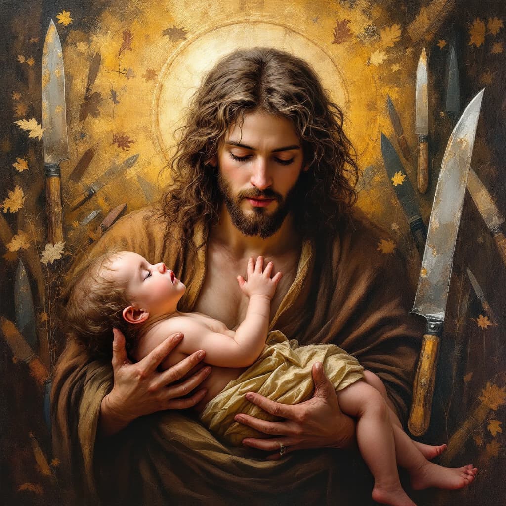 AI generated: artistic oil painting art, flat, baby jesus in the old testament, inspired by famous art painting of...