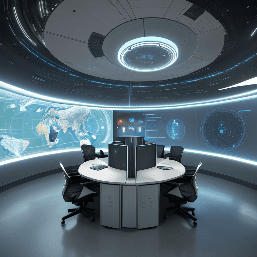 AI generated: High-resolution, futuristic office environment with a warm, humanized atmosphere. The space is fille...