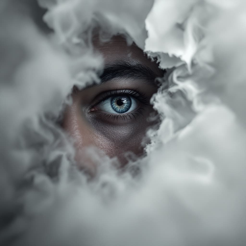 AI generated: A hyperrealistic, cinematic shot , white background of an eye peeking through ripped paper with the ...