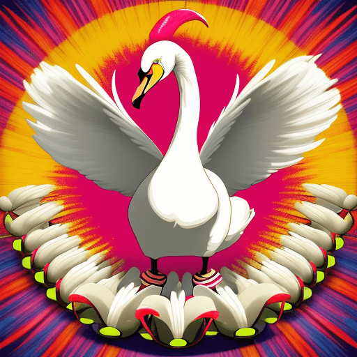 AI generated: a cartoon style image of a large white swan holding drum beaters, stood in front of a Brazilian samb...