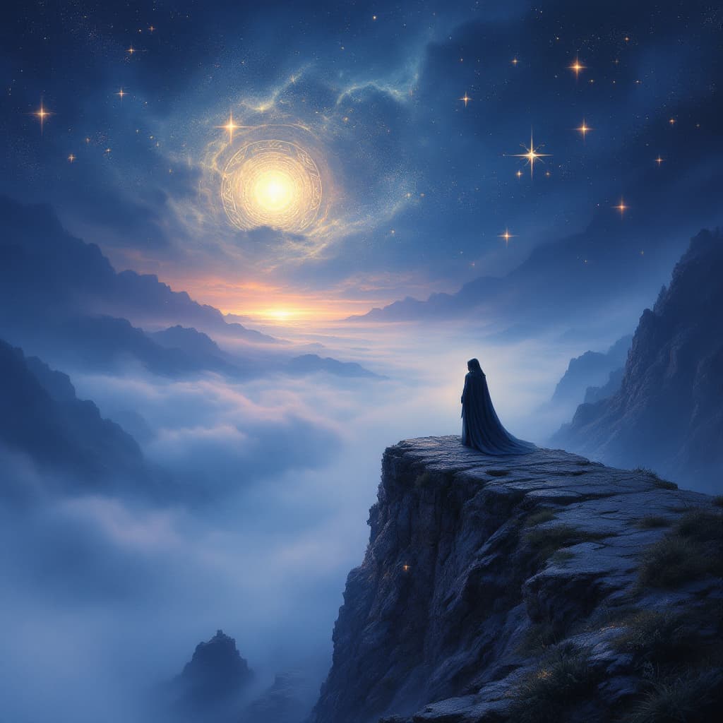 AI generated: An ethereal and mystical album cover featuring a lone figure in a flowing cloak standing on a cliff ...