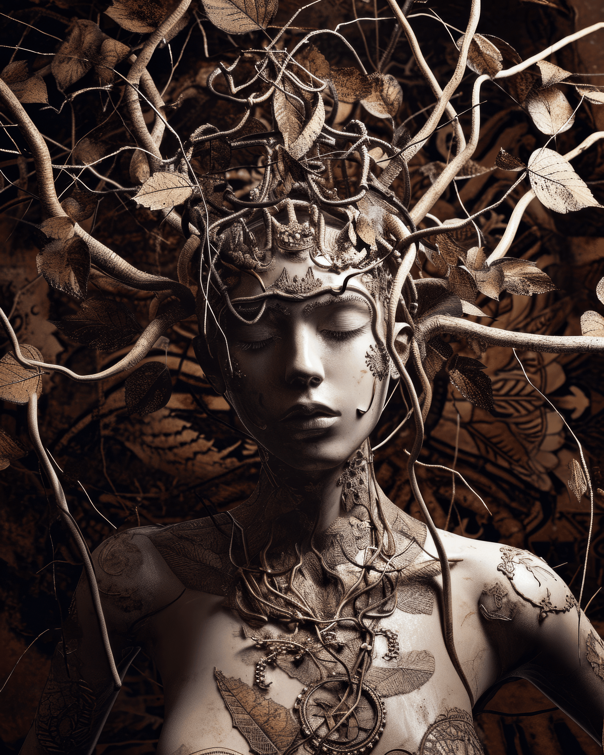 AI generated: ultra detailed, woman, Burgundy background under, porcelain limbs, lots of leaf, stylized body, like...