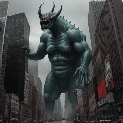 AI generated: monstruo gigante atacando la ciudad de new york en un dia lluvioso