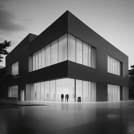 AI generated: University Admistrative building, exterior, at dusk, the architecture should feature clean lines wit...