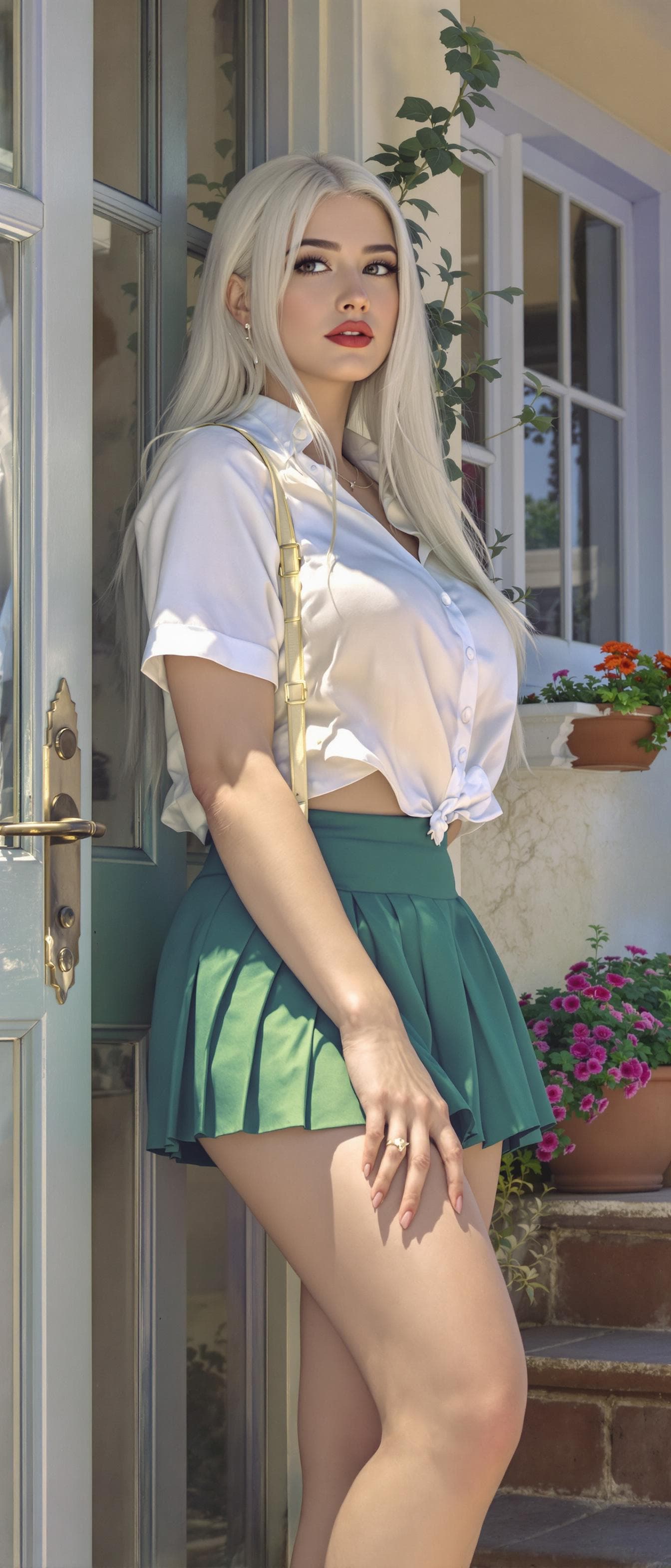 AI generated: portrait Art of a very beautiful woman dressed simply, long hair, white hair, white shirt short slee...