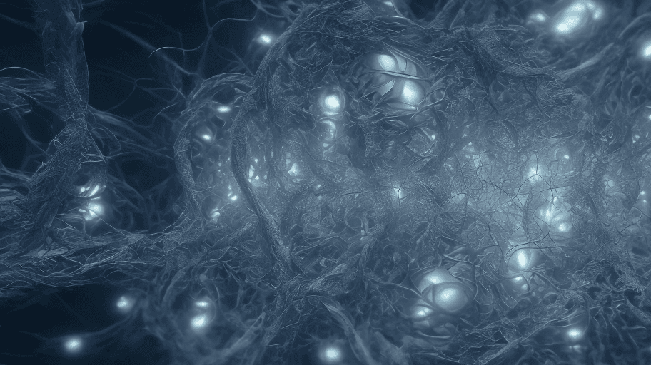 AI generated: Intertwined Neurons, complexity, iridescent fractal patterns, dark negative, reflections, volumetric...