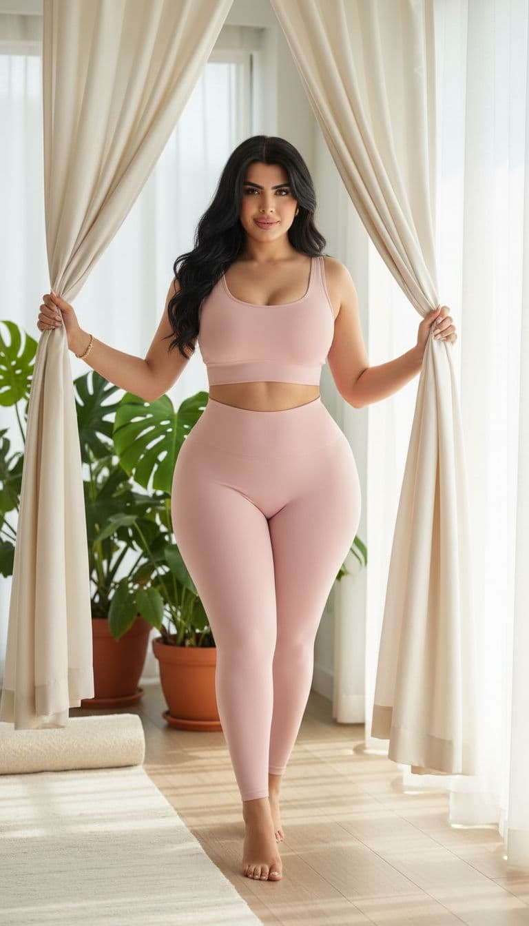 AI generated: A photorealistic image of a stunning and curvaceous 21-year-old woman with glowing skin, long wavy h...