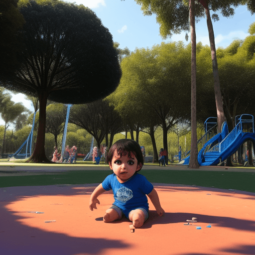 AI generated: Una bebé de ojos azules, sentada en un parque con unos juegos de fondo con poderes 
