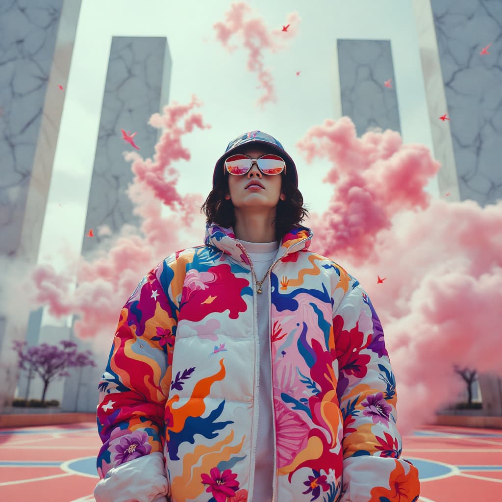 AI generated: In the style of TOK, a photo editorial dramatic action pose of a person with mirrored lenses with cr...
