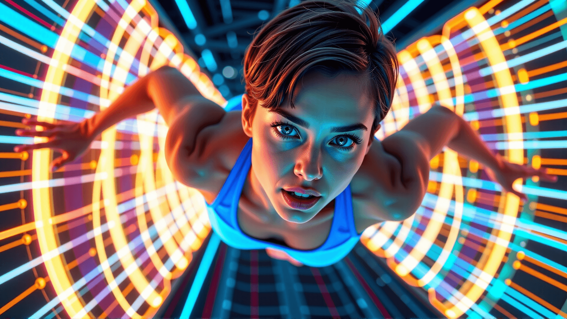 AI generated: Photostil: Vibrant, Luminous Digital Art / Pop Art mit einem GefÃ¼hl von freiem Fall. Eine junge Fra...