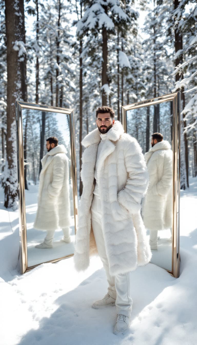 AI generated: A 30-year-old man stands in a serene forest blanketed in snow, surrounded by tall trees cloaked in w...