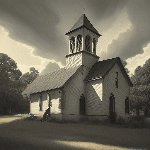AI generated: Real, summer season, a snmkchurch is seen with stylized, Burtonesque features, including large, expr...