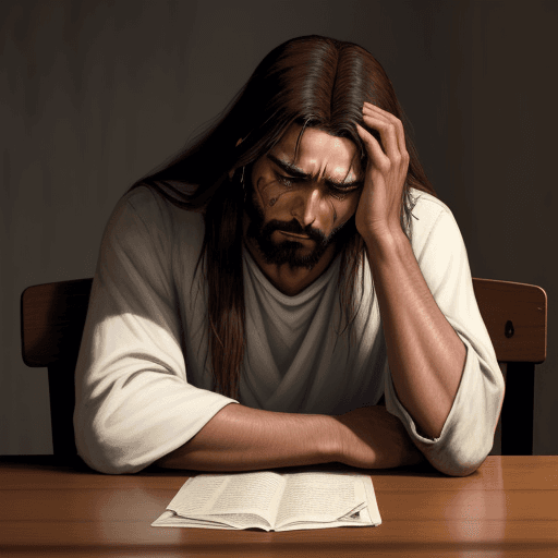 AI generated: Frontal Jesus sitting at the table despairing and crying