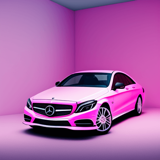 AI generated: All white tile room, pink Mercedes-Benz C200 W202, perfect pink, bright lighting, pastel colors, ins...