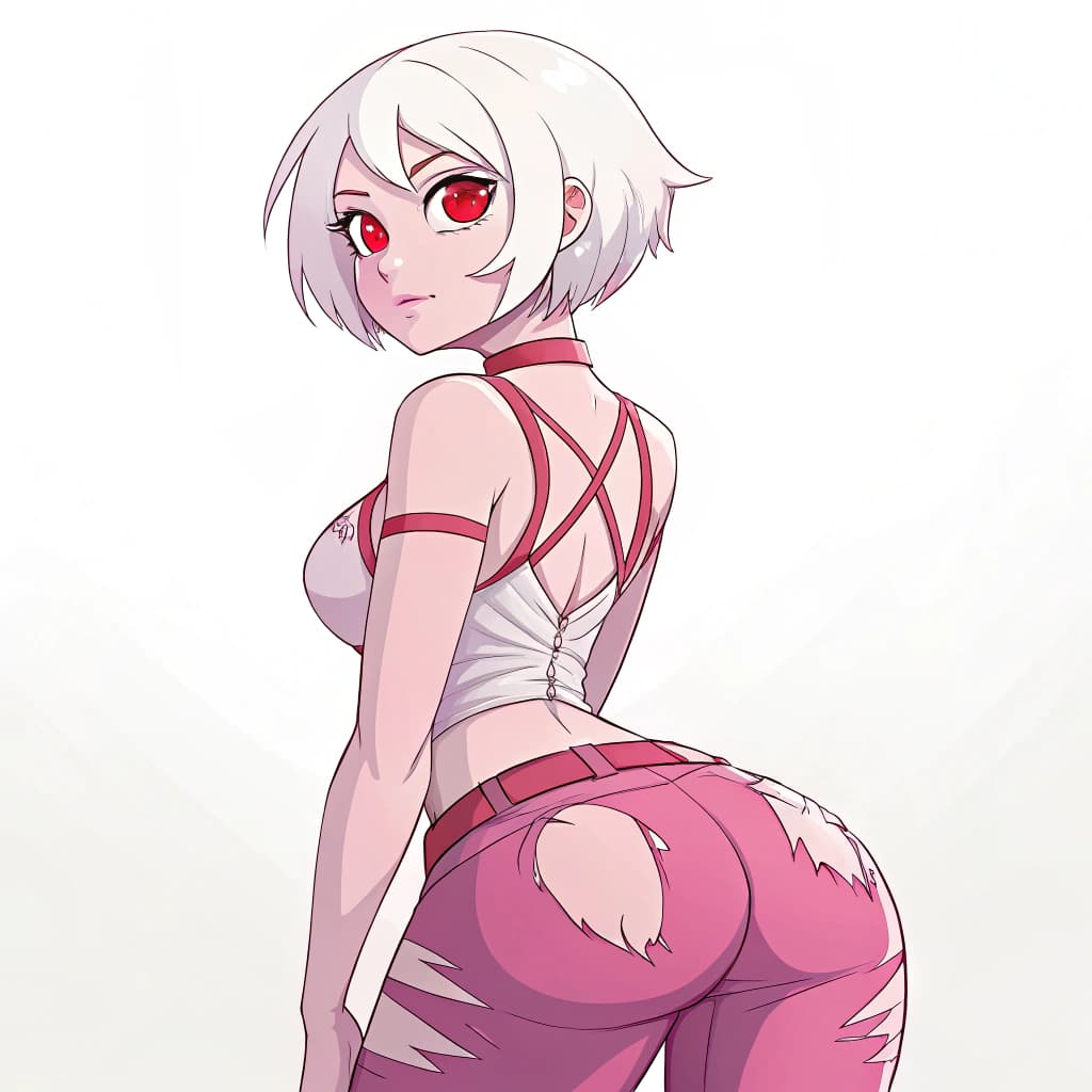 AI generated: Short white hair
Red eyes
Pinkish white skin
Slim body
Medium-sized prominent breasts
Large but...