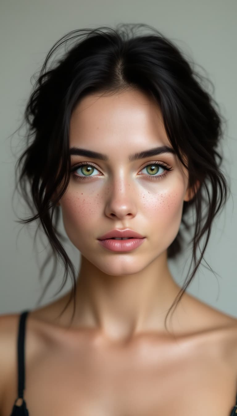 AI generated: Close-up portrait of a woman with green eyes, light freckles, and dark hair styled in loose tendrils...