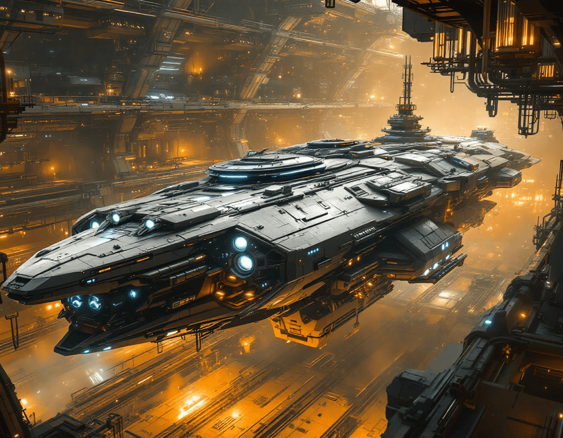 AI generated: A massive, futuristic starship docked within a sprawling industrial spaceport deep inside a golden-h...