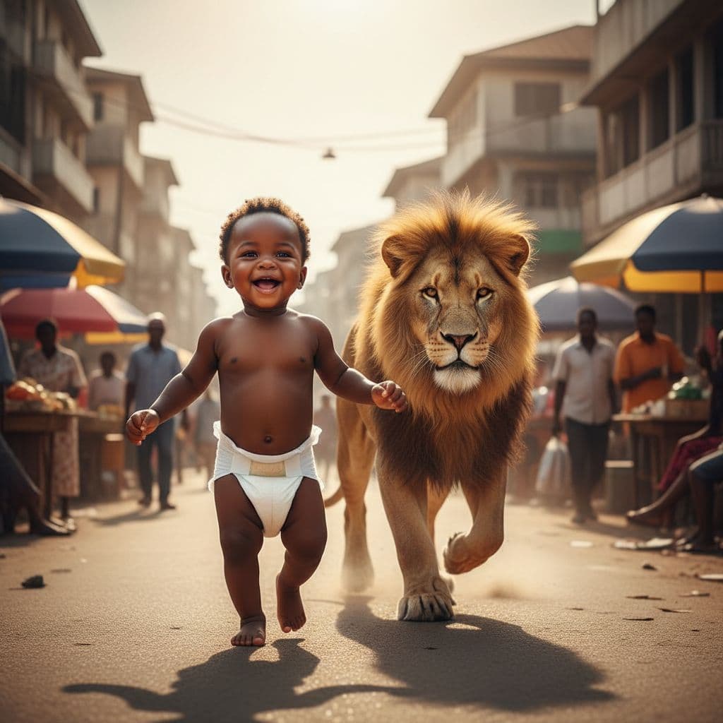 AI generated: A hyper-realistic dark-skinned baby, around 12 months old, wearing only a diaper, joyfully walking d...