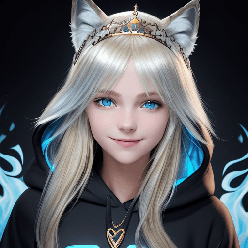 AI generated: medium length blond hair, blue eyes, girl, closeup, silver tiara, smile, side view, 
black hoodie, w...