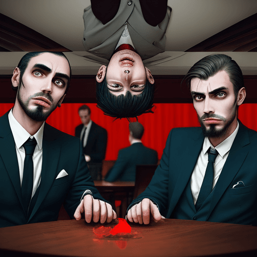 AI generated: distorted, men in suits sitting behind the table, many faces staring at you, in suits , they upside ...