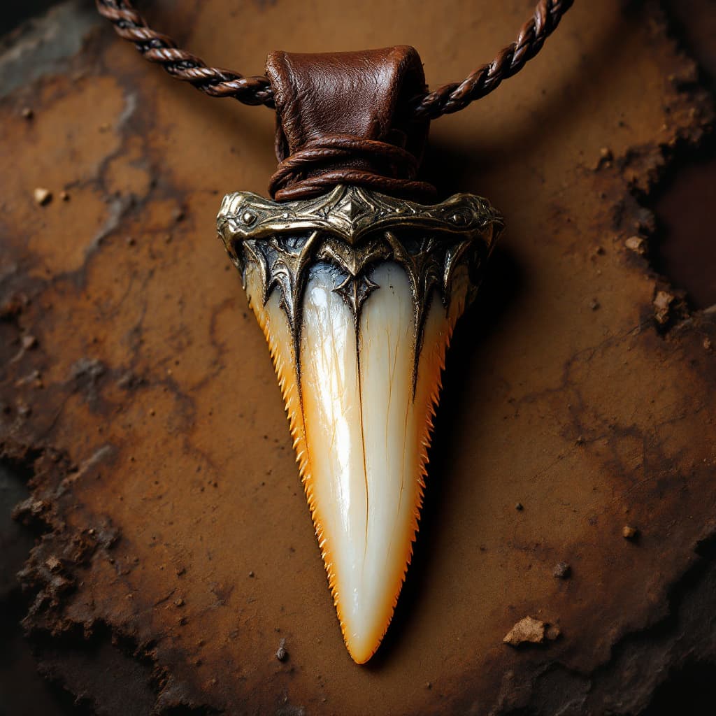 AI generated: D&D 5e art style of a tiger's canine tooth on a leather necklace