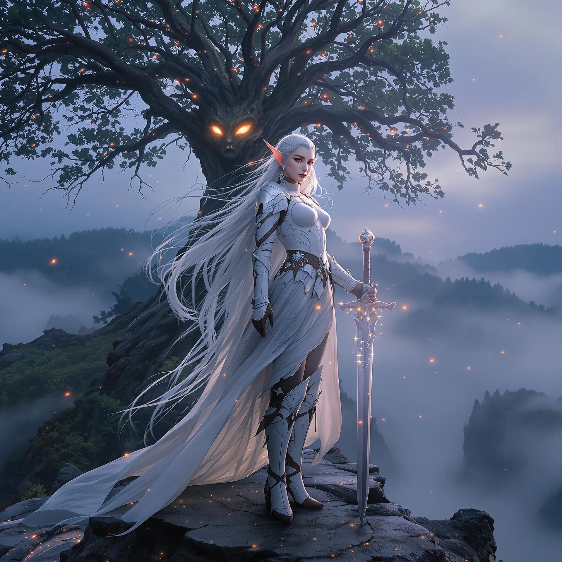 AI generated: A breathtaking youthful elven goddess warrior woman dominates the portrait frame in a full-body cine...