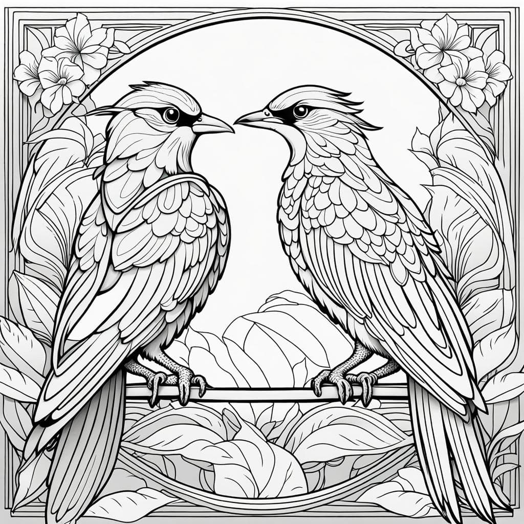 AI generated: clean simple line art of a cute beautiful exotic birds in their habitat, minimalistic patterns. no b...