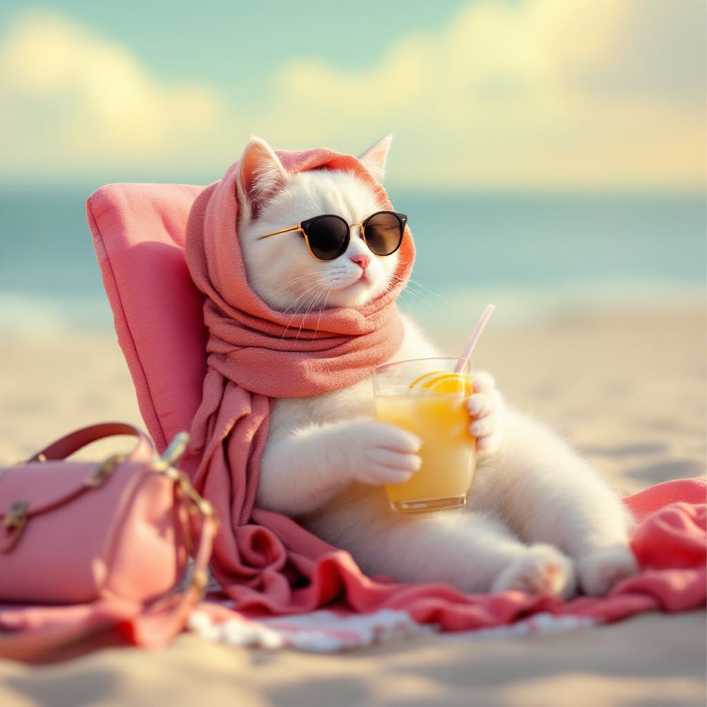 AI generated: Generate a high resolution image of a white cat relaxing on the beach while wrapping a scarf around ...