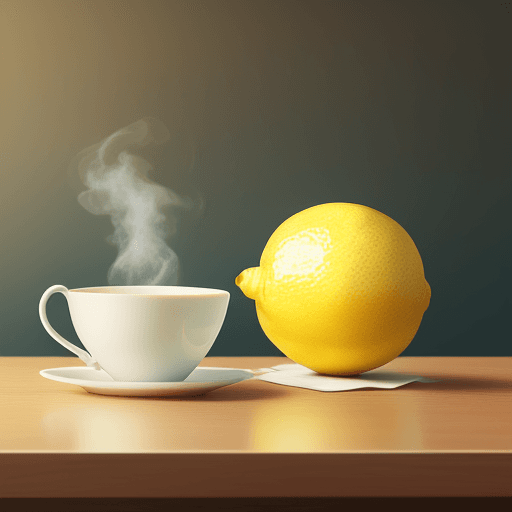 AI generated: Photo of a ultra realistic lemon on the table with a cup of tea, children's picture