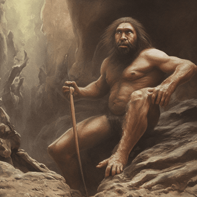 AI generated: the full figure of very old prehistoric caveman sitting in a prehistoric cave, 8k
