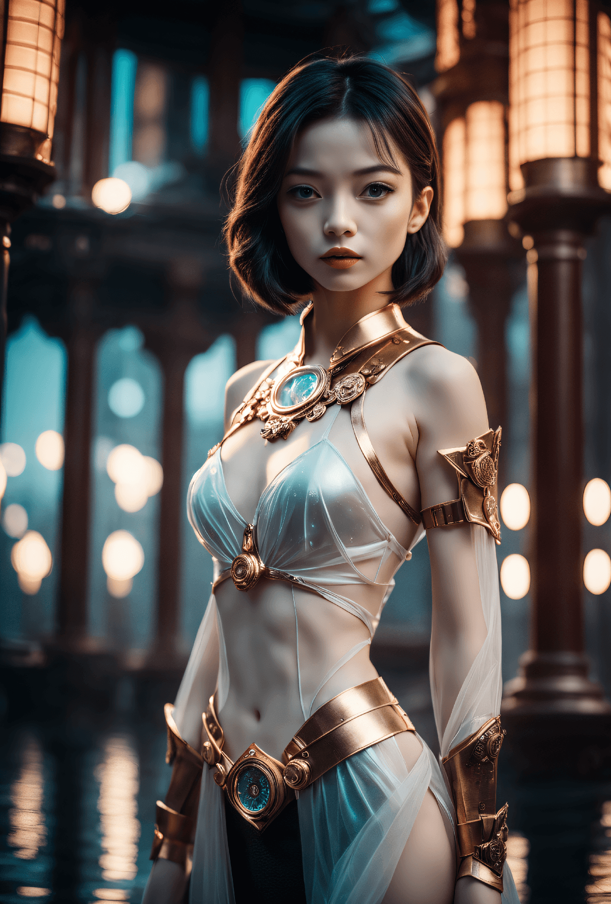 AI generated: cinematic film still Cyberpunk, close up on face, masterpiece picture of a young woman, Petite body,...