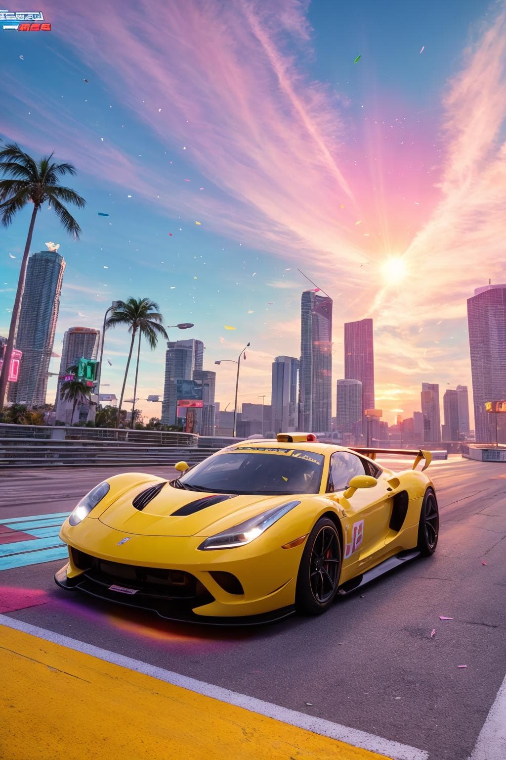 AI generated: bright sunny day beautiful cloudy sky sunset sports car racing down cyberpunk Miami city streets neo...